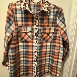 Plaid Button-Up Shirt with Leopard Trim
